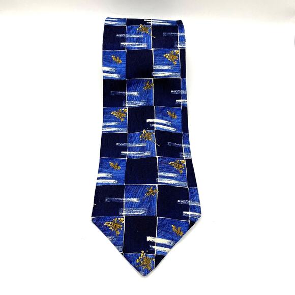 Ermenegildo Zegna Men' Silk Tie Necktie Navy Check Boho Gold Floral Branch Italy - Picture 3 of 8